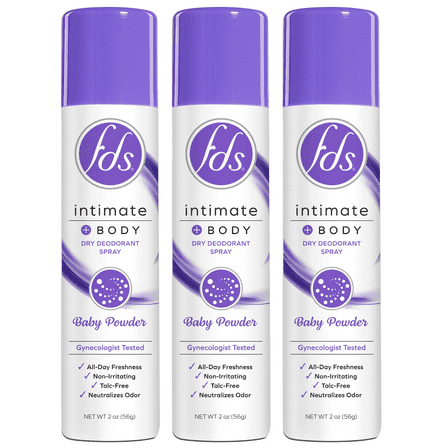 FDS Intimate + Whole Body Dry Deodorant Spray, Baby Powder, 2 OZ - 3 Pack