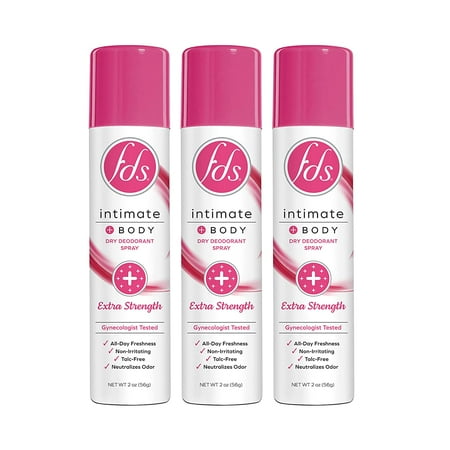 FDS Intimate + Body Dry Feminine Deodorant Spray, Extra Strength, 3 Pack
