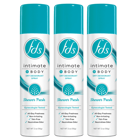 FDS Intimate + Body Dry Feminine Deodorant Spray, Shower Fresh, 3 Pack