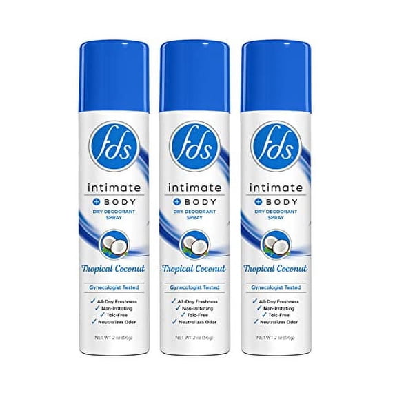 FDS Intimate Deodorant Spray, Tropical Coconut, 2 oz (Pack of 3), Feminine Spray for All Day Freshness & Odor Protection; pH-balanced, Talc-Free, Gynecologist Tested