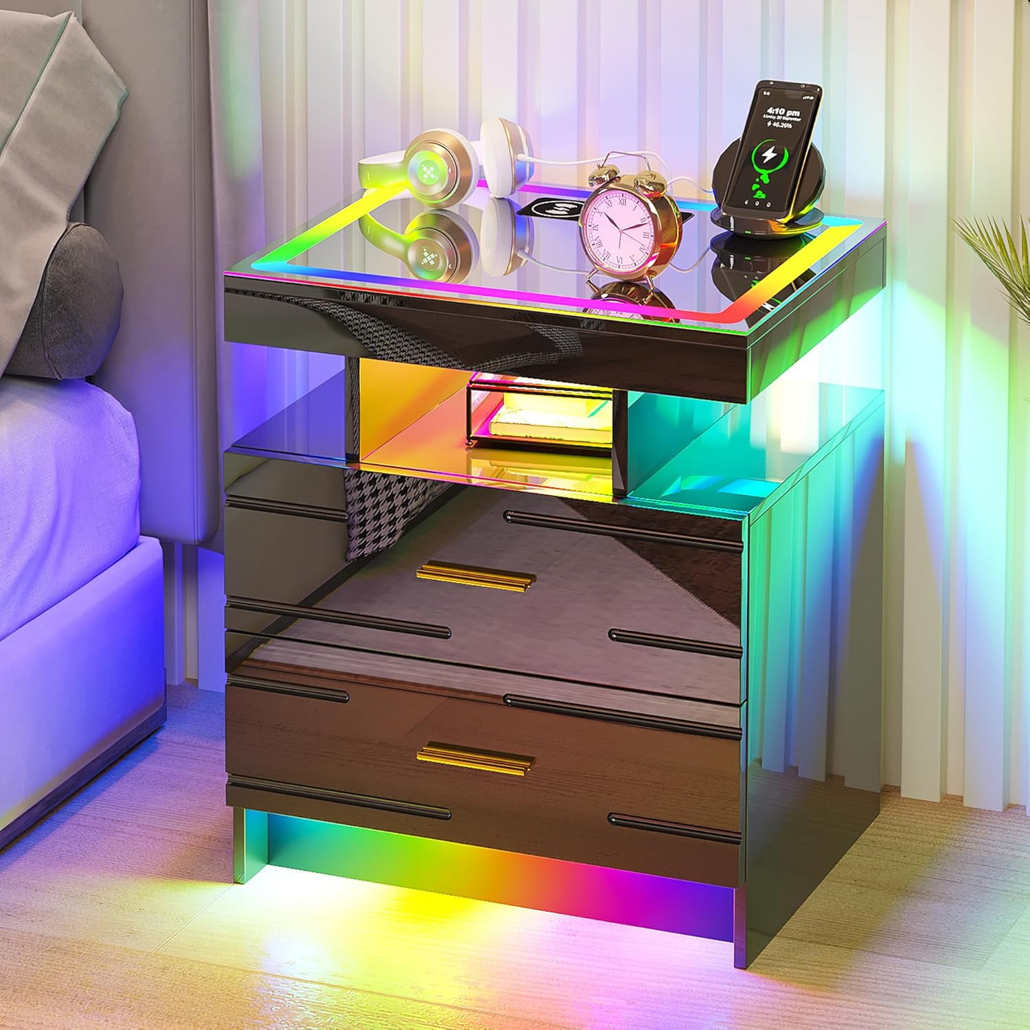 Mini Computer Night Stand FDSHOIYN High Gloss Nightstand with Wireless Charging Station Smart ...
