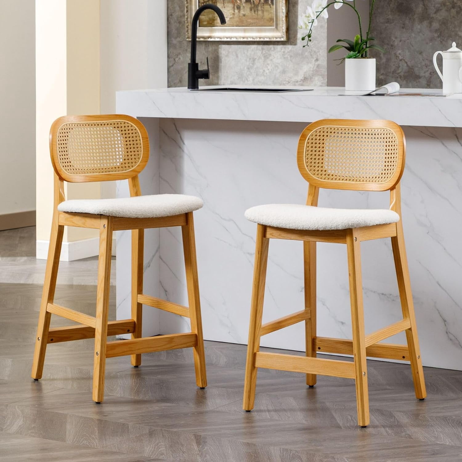 FDSHOIYN Rattan Counter Stools Set of 2 Faux Leather Bar Stools Wooden ...