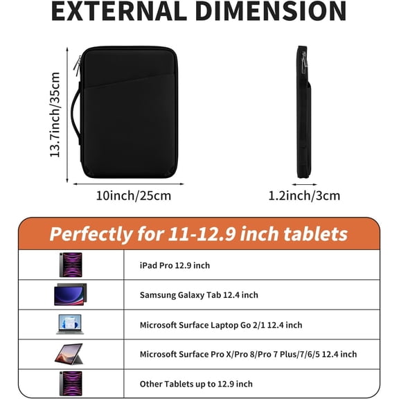 FDSLKJA-12.9 inch iPad Pro Sleeve Tablet Carrying Case for Surface Pro, Galaxy Tab S8/S7+, iPad Pro 12.9 and More Protective Bag with Pockets for Keyboard (PU-Black, 12.9 inch)