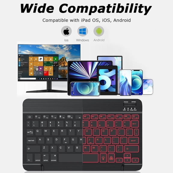 FDSLKJA-Bluetooth Keyboard for iPad, 7-Color Backlit, Rechargeable 10 inch Wireless Keyboard for iPad 10th/9th/8th Gen, iPhone,Tablet, Smartphone iOS Android Windows Computer