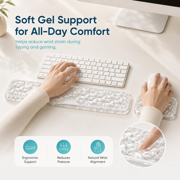 FDSLKJA-Ergonomic Gel Keyboard Wrist Rest Set, Soft Gel Palm Rest for Keyboard and Mouse, Clear Wrist Support Pad for Typing and Gaming Pain Relief, Non-Slip Base for Computer Laptop (Rectangular)
