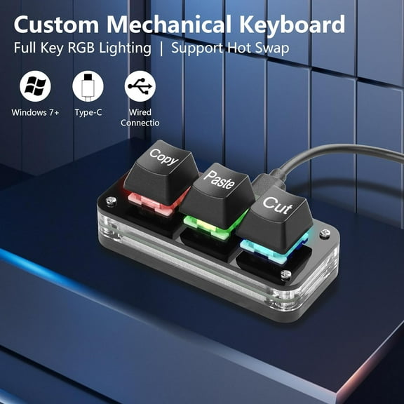 FDSLKJA-Mini 3-Key Cut Copy Paste Keyboard Programmable Keypads with LED Light Mechanical Hot Swap Macro Keyboard for Working and Gaming