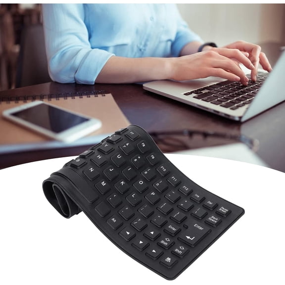 FDSLKJA-Silicone Keyboard Roll up Foldable Flexible USB Wired for PC, Black