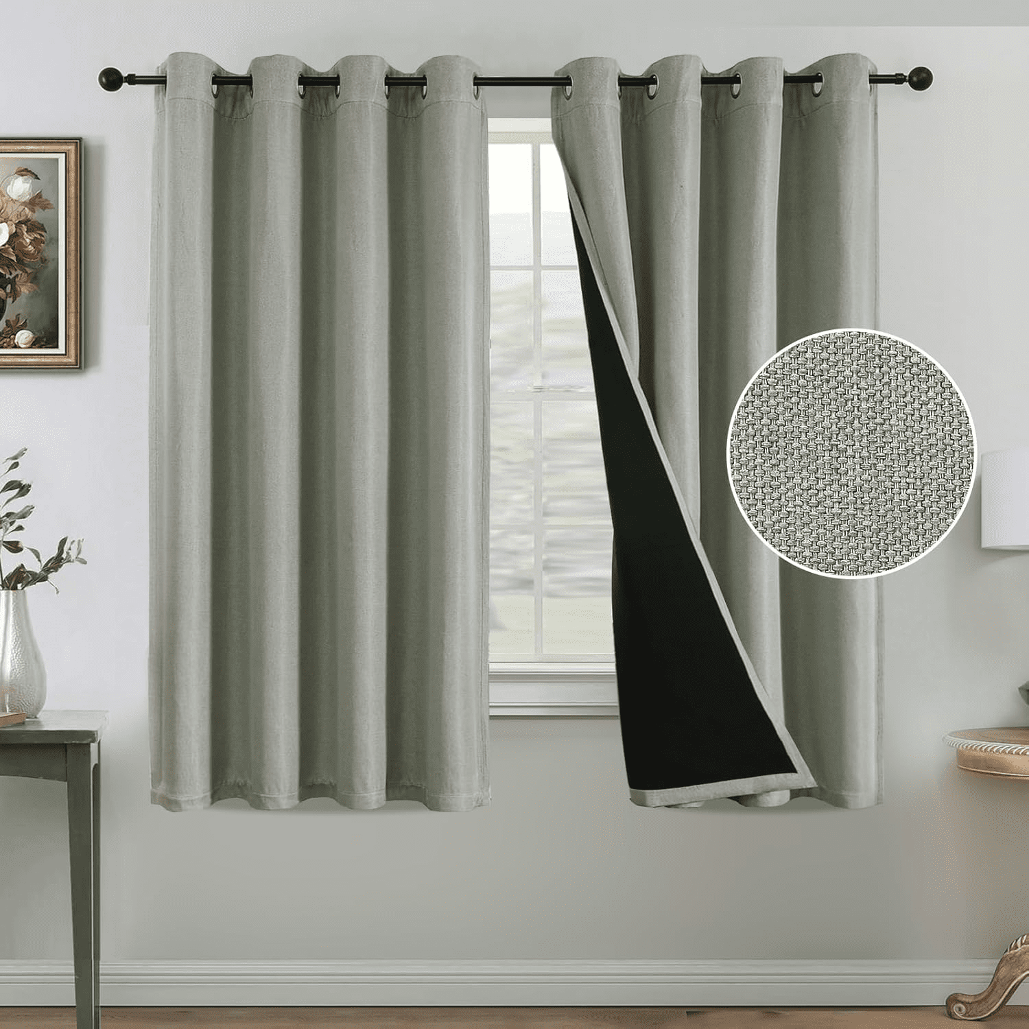 Linen Blend Boho Curtains – 84 Inch Length Sheer Panels, Geometric Farmhouse Print, Set Of 2 Grey & Black