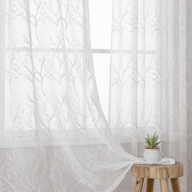 FDTBYHVYT Sheer Curtains 84 inch Length 2 Panels Set   Voile Crushed Cream Vine Leaves Embroidery  Rod Pocket Embroidered Window Drapes for Living Room and Bedroom  54&#34; x 84&#34;