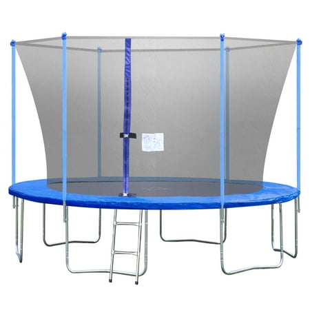 FDW 12 ft Trampoline Combo Jump Safety Enclosure Net W/Spring Pad ,Blue