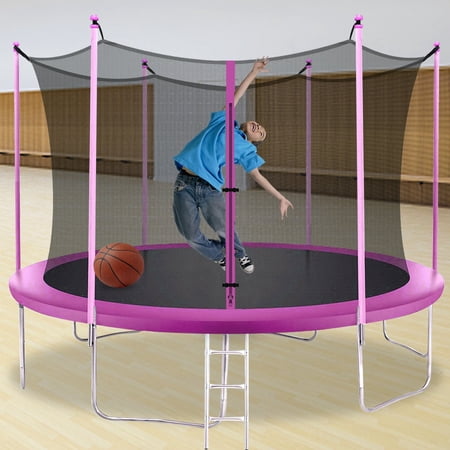 FDW 14 ft Trampoline Combo Jump Safety Enclosure Net W/Spring Pad ,Pink