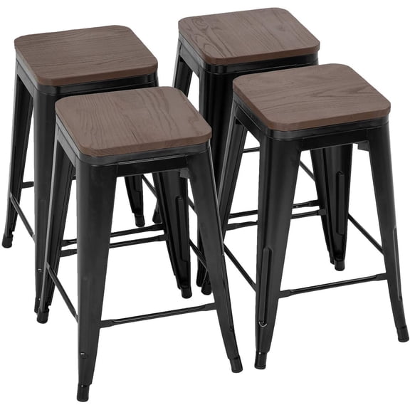 FDW 24" Metal Kitchen/Restaurant Black Bar Stools Counter Height Wood Seat Patio Stool Stackable Backless Stools Indoor/Outdoor,Set of 4