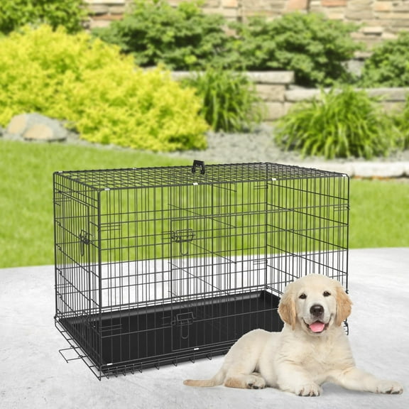 FDW 24 inch Foldable Metal Dog Crate for Small Dogs, Double Door, Divider, Removable Tray(Black)