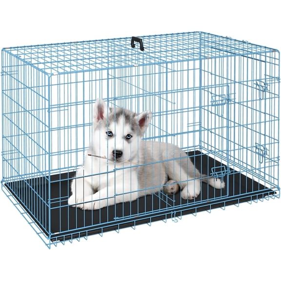 FDW 24 inch Foldable Metal Dog Crate for Small Dogs, Double Door, Divider, Removable Tray(Blue)