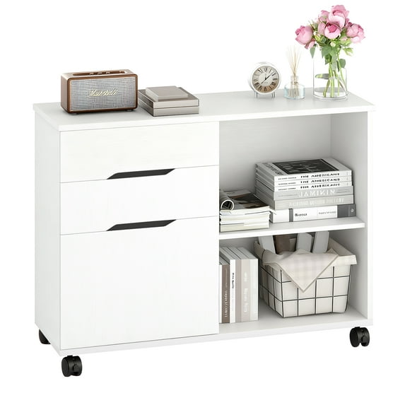 FDW 3 Drawer Lateral File Cabinet Mobile File Cabinet with Open Storage Shelves and Wheels,White
