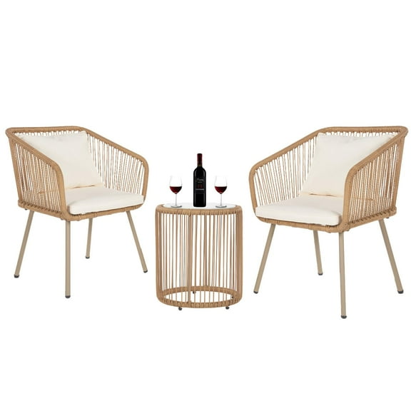 FDW 3-Piece Outdoor Furniture Modern Patio Bistro Set Rattan with 2 Chairs Coffee Table, White
