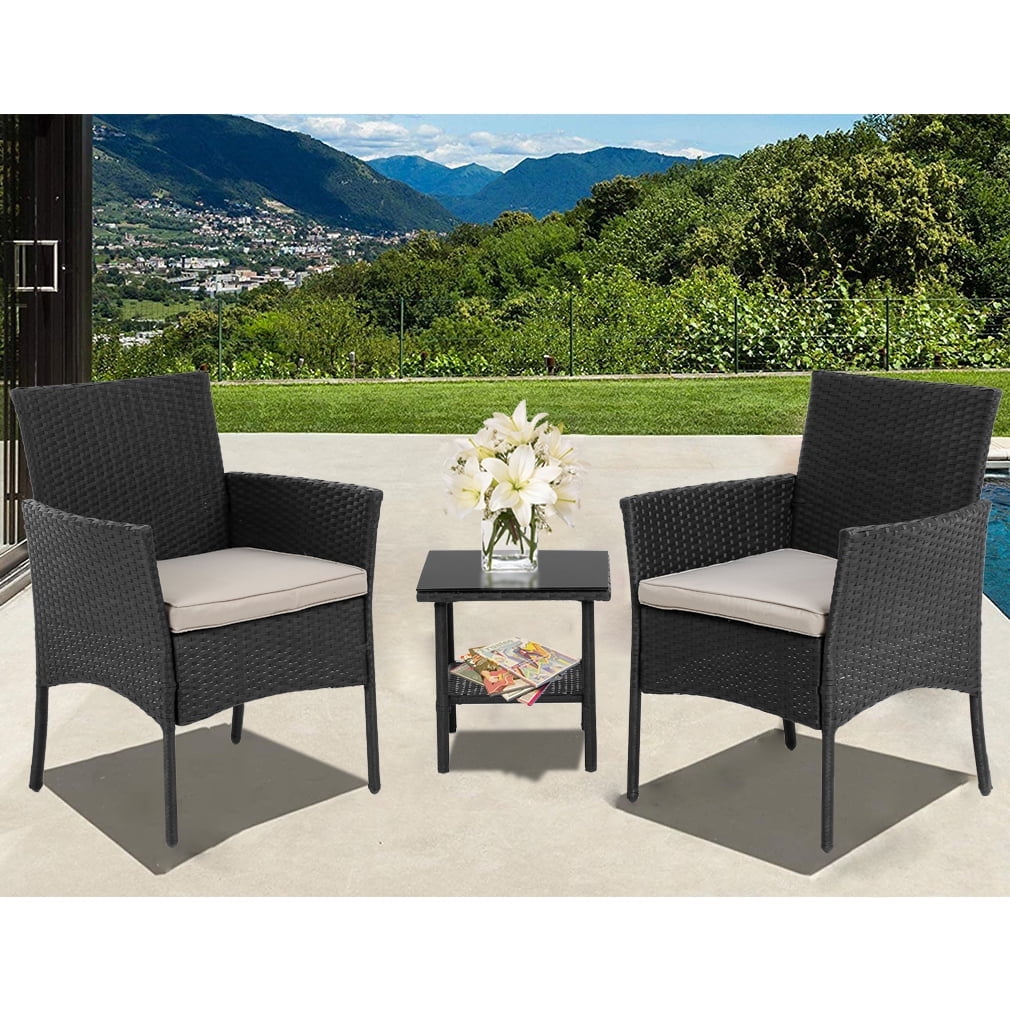 Walmart Black Friday Deals 2025 - FDW 3-Piece Outdoor Bistro Set, Wicker Chairs and Table with Cushions, Black Tempered Glass