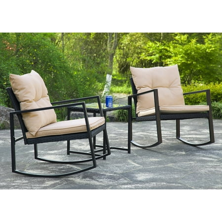 FDW 3 Pieces Wicker Outdoor Set with a High-Quality Tempered Glass Coffee Table, Black, steel, 2