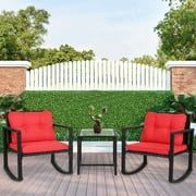 FDW 3 Pieces Wicker Rocking Bistro Conversation Set Chairs Outdoor with Cushions and Glass Coffee Table,Red