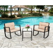 FDW 3 Pieces Wicker Rocking Bistro Conversation Set Chairs Outdoor with Cushions and Glass Coffee Table