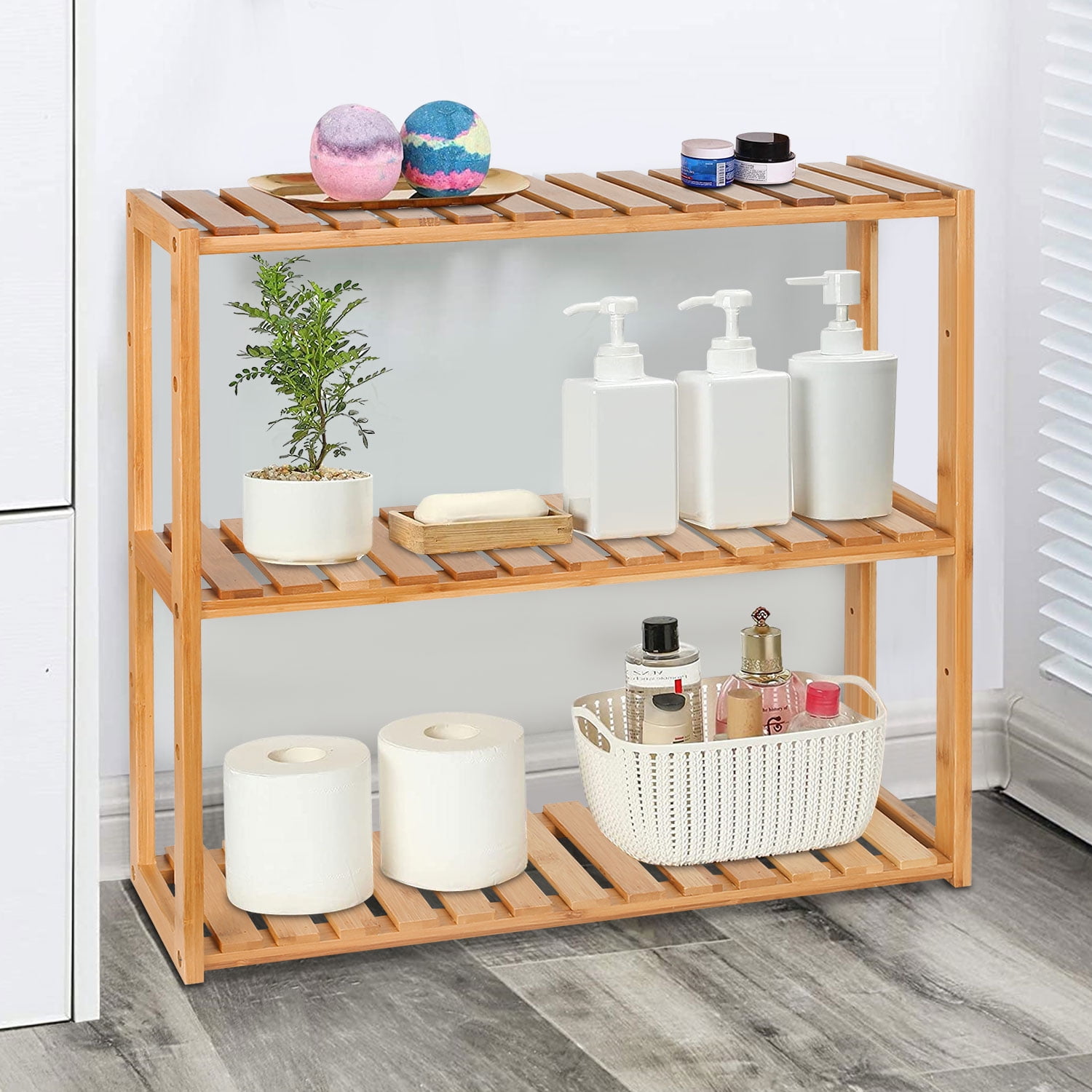 FDW 3-Tier Bamboo Bathroom Shelves, Adjustable, Wall Mounted Organizer ...