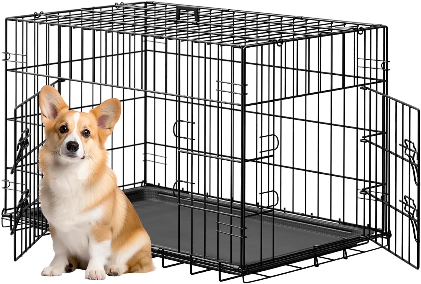 FDW 30 inch Dog Crate Pet Cage with Metal Folding Design Plastic Tray Indoor Outdoor Dog Kennel Cage for Small and Medium Dogs,Black