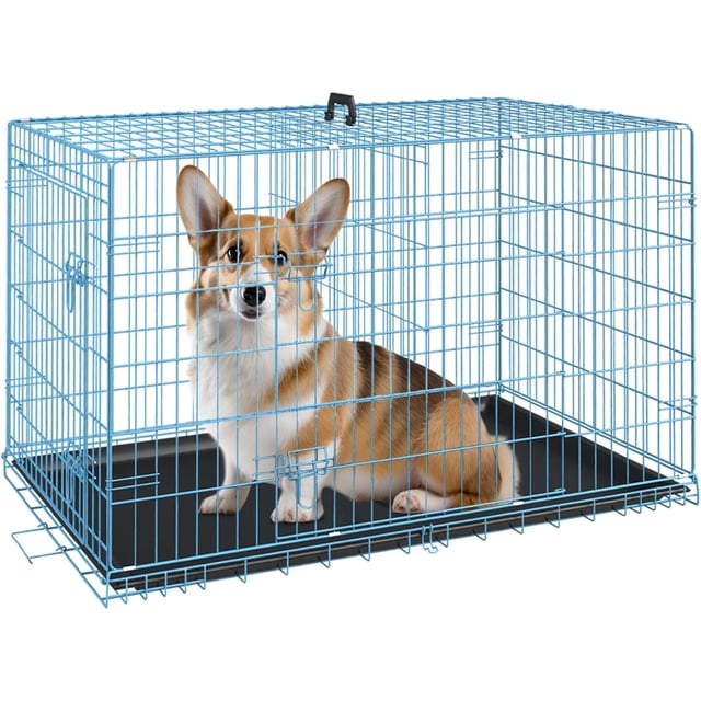 FDW 30 inch Foldable Metal Dog Crate for Medium & Small Dogs, Double Door, Divider, Removable Tray(Blue)