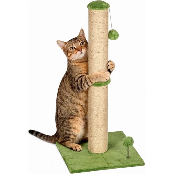 FDW 33 inch Cat Scratching Post Natural Sisal Rope with Hanging Ball for Indoor Cats, Green