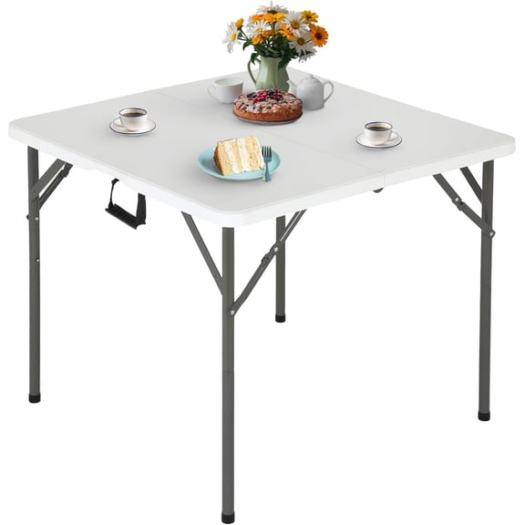 FDW 34" Square Plastic Folding Card Table, with Collapsible Legs and Carrying Handle,White