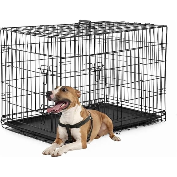 FDW 36 inch Foldable Metal Dog Crate for Medium Dogs, Double Door, Divider, Removable Tray(Black)