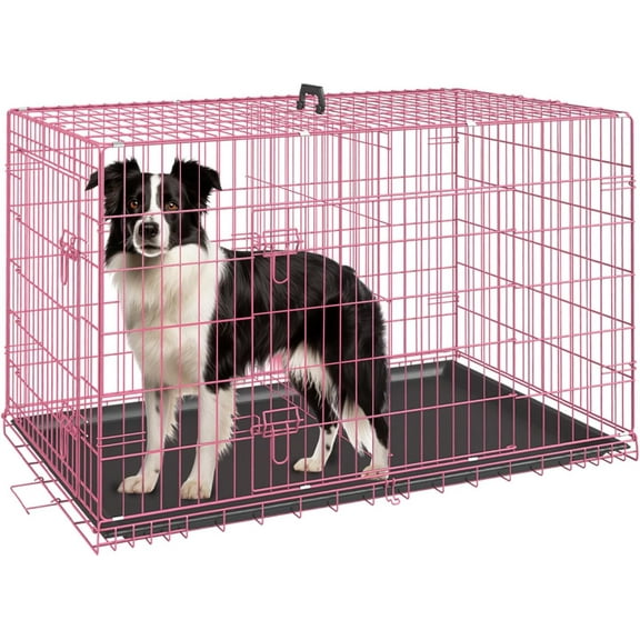FDW 36 inch Foldable Metal Dog Crate for Medium Dogs, Double Door, Divider, Removable Tray(Pink)