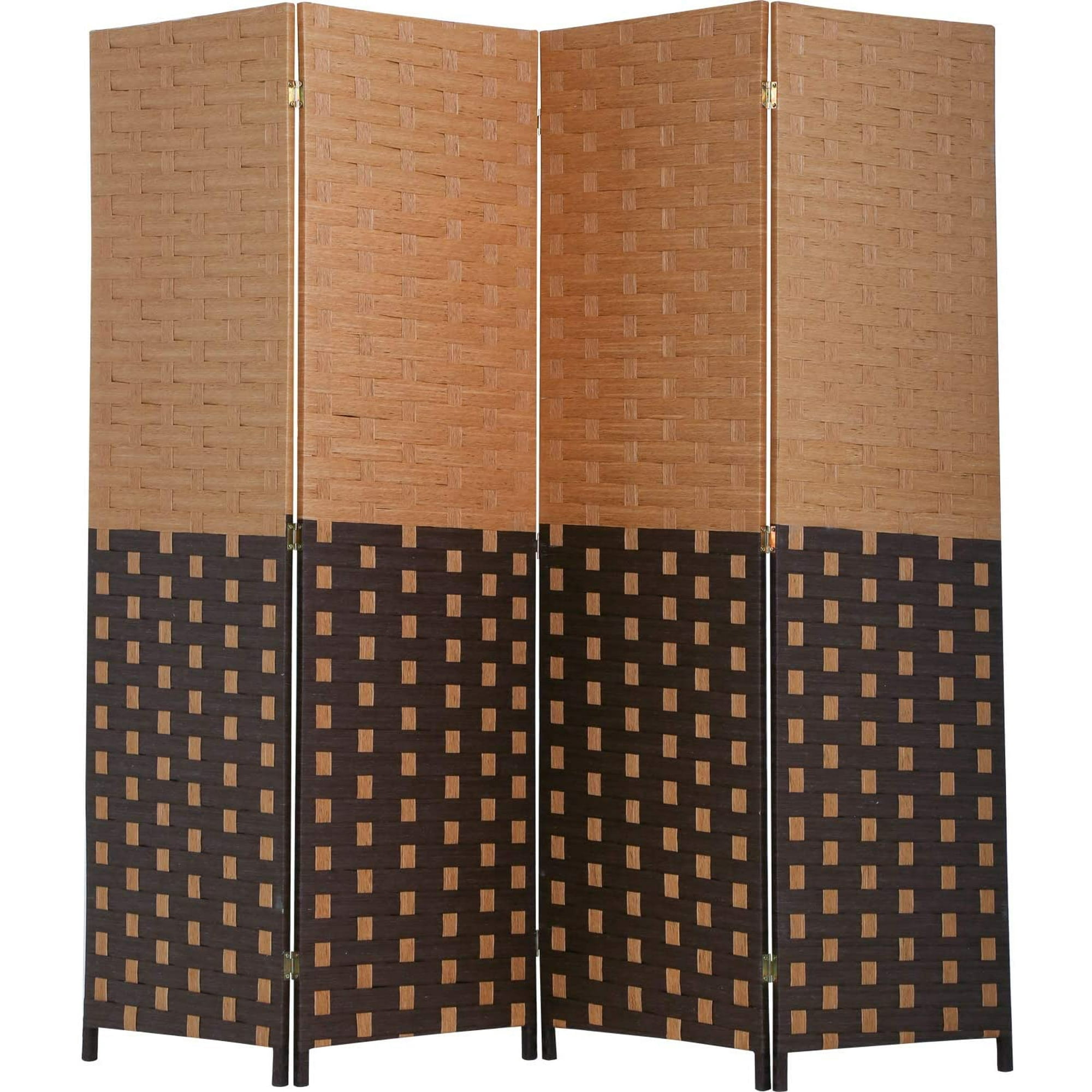 Modern 4-Panel Brown and Black Woven Wood Folding Room Divider