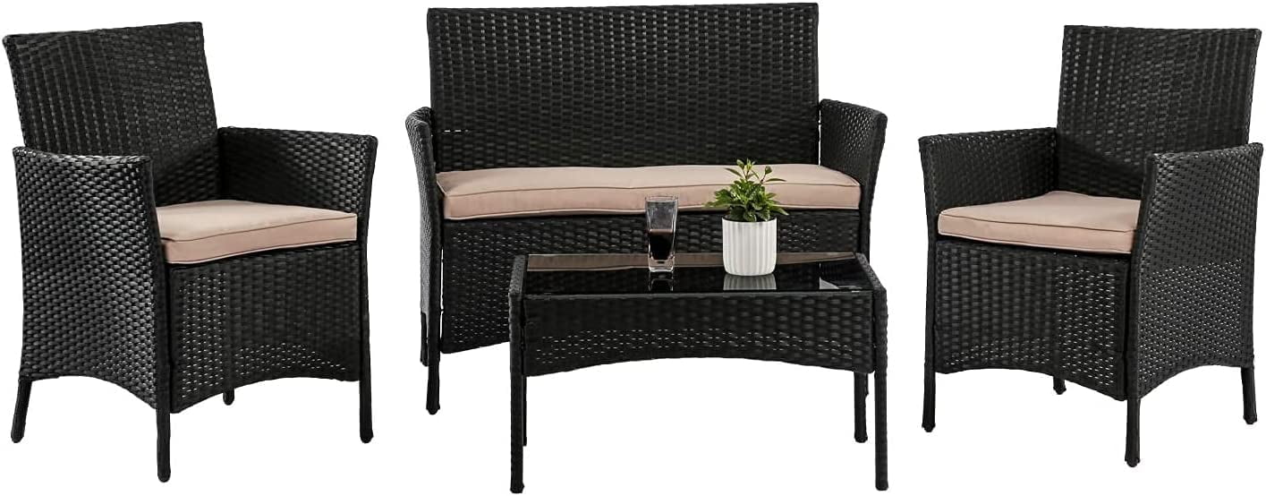 BestOffice Outdoor Patio Furniture Sets 4 Pieces Wicker Sofa with Coffee Table,Black