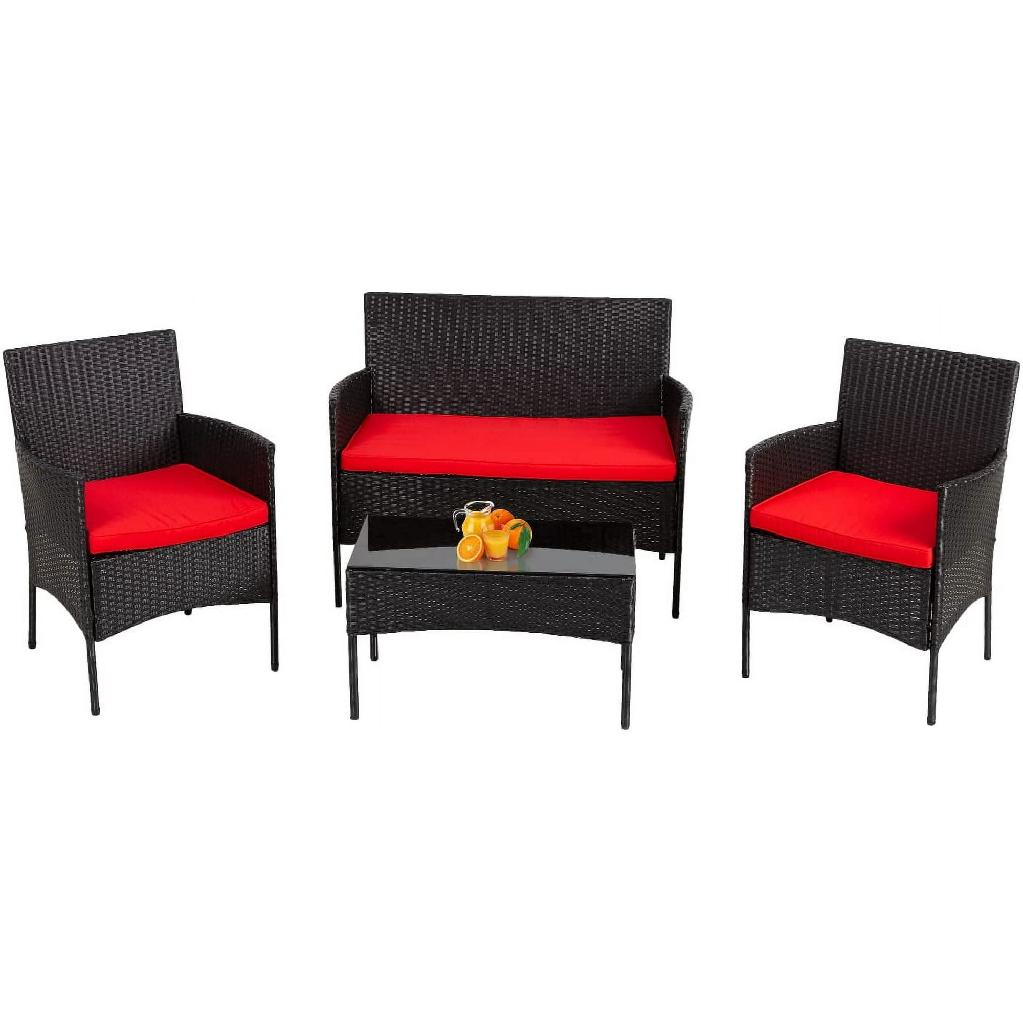 FDW 4 Pieces Outdoor Patio Furniture Sets Rattan Chair Wicker,Red