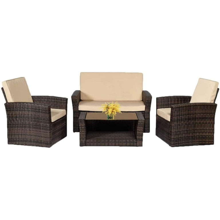 FDW 4 Pieces Outdoor Patio Furniture Sets Rattan Chair Wicker,Brown 