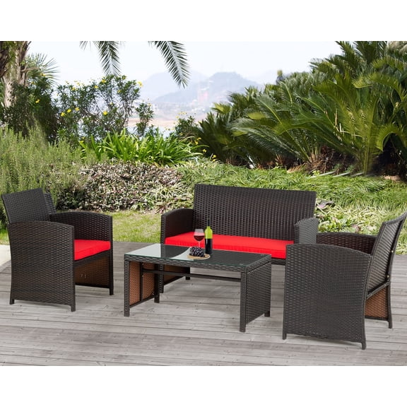 FDW 4-Piece Powder Coated Steel Easy Assembly Outdoor Conversation Sets with Coffee Table, Black/Red