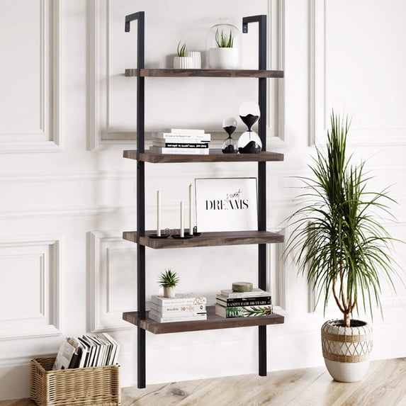 FDW 4-Shelf Bookcase Open Wall Mount Ladder Bookshelf with Industrial Metal Frame For Home Office Study, 60-inch