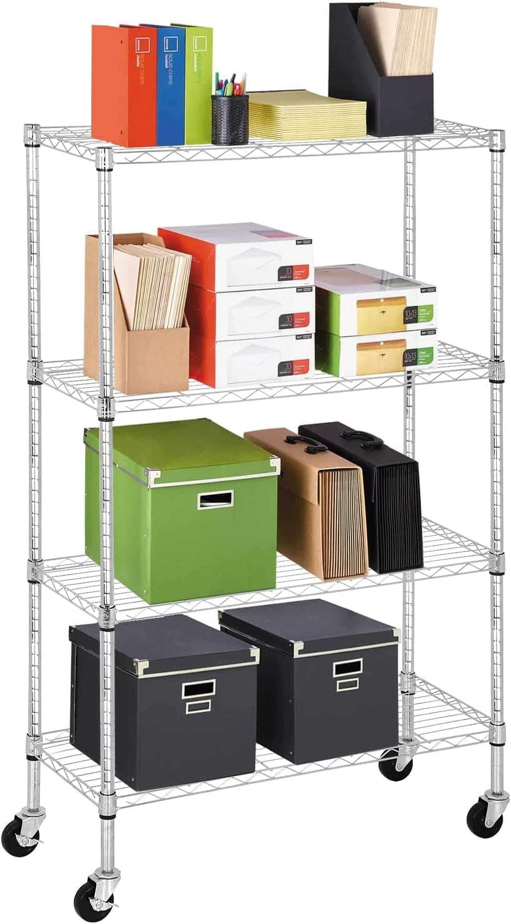 Adjustable Chrome 4-Tier Steel Wire Storage Rack with Wheels