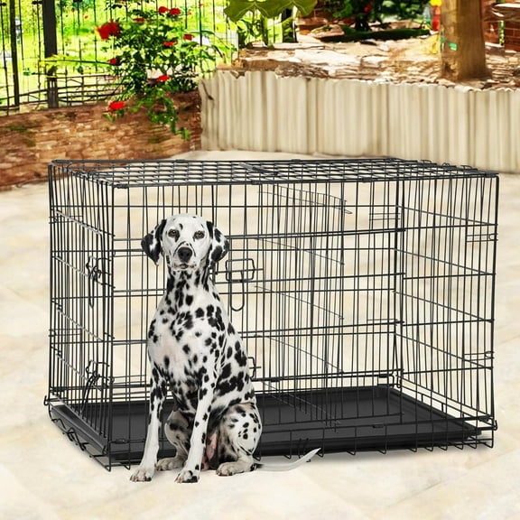 FDW 48 inch Foldable Metal Dog Crate for Large Dogs, Double Door, Divider, Removable Tray(Black)