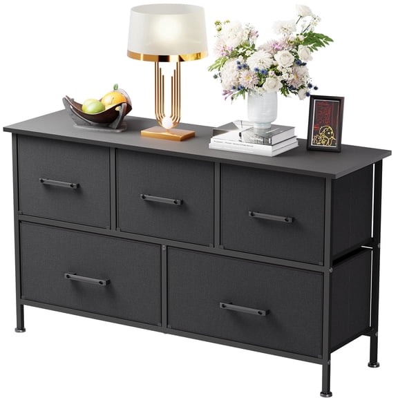 FDW 5 Fabric Drawers Dresser for Bedroom,Chest Organizer Units with Steel,Black