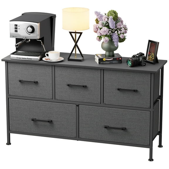 FDW 5 Fabric Drawers Dresser for Bedroom,Chest Organizer Units with Steel,Grey