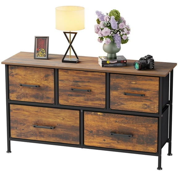 FDW 5 Fabric Drawers Dresser for Bedroom,Chest Organizer Units with Steel,Nature