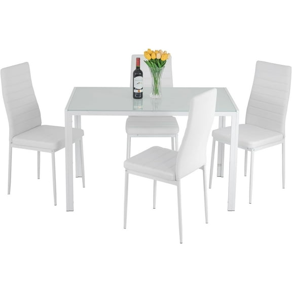 FDW 5 Piece Contemporary Glass Dining Table Set, White