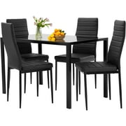 PayLessHere Dining Room Table Set 5-Piece with 4 Faux Leather Metal Frame Chairs,Black Glass