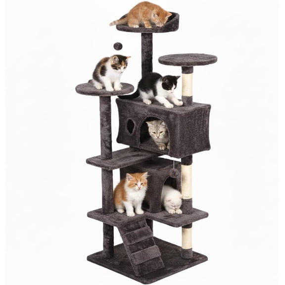 FDW | 54" Cat Tree Tower | Purple Gray | Multi-Level Indoor Activity Center with Sisal Scratching Posts, Condos, Plush Perches, Hanging Cat Toys | Sturdy, Easy to Assemble | for Kittens & Adult Cats