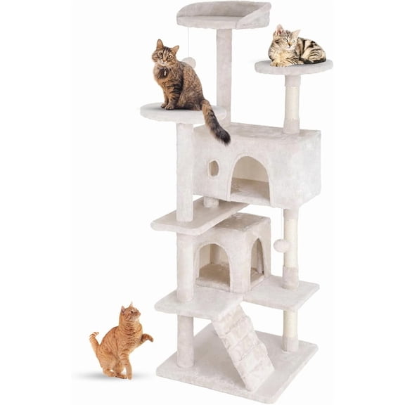 FDW 54in Cat Tree Tower, Scratch Posts, Condo, Toys,Perfect for Active Cats,Beige
