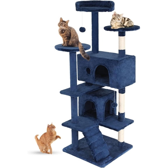 FDW 54in Cat Tree Tower, Scratch Posts, Condo, Toys,Perfect for Active Cats,Navy Blue