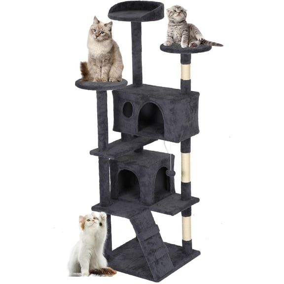 FDW 60 inch Dark Gray Cat Tree Tower, Cat Condo with Scratching Posts & Toys for Active Cats