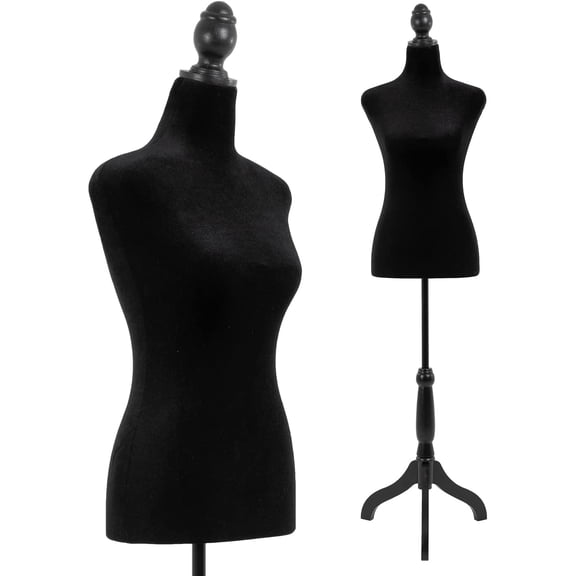 FDW 63" Female Mannequin Dress Form, Height Adjustable Wood Stand with Black Fabric Body for Adult Women Display