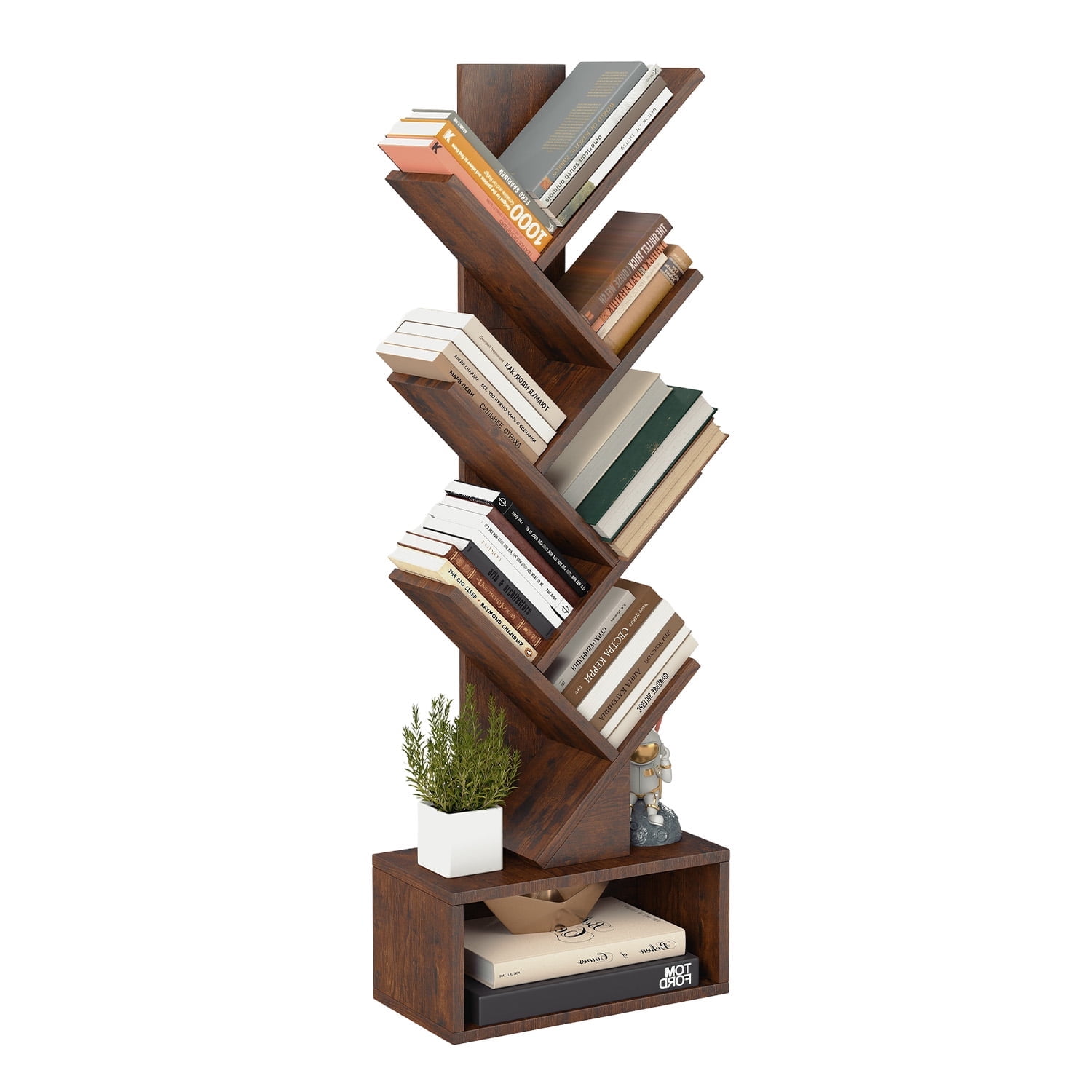 FDW 7 Tier Tree Bookshelf, Rustic Brown Floor Standing Bookcase with Storage Cabinet, Tall Narrow Bookshelves Organizer for Bedroom/Living Room/Office